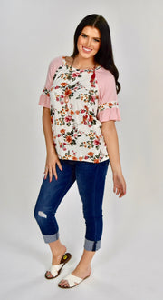 CP-A {Fresh Florals} Ivory Floral Top with Pink Sleeves