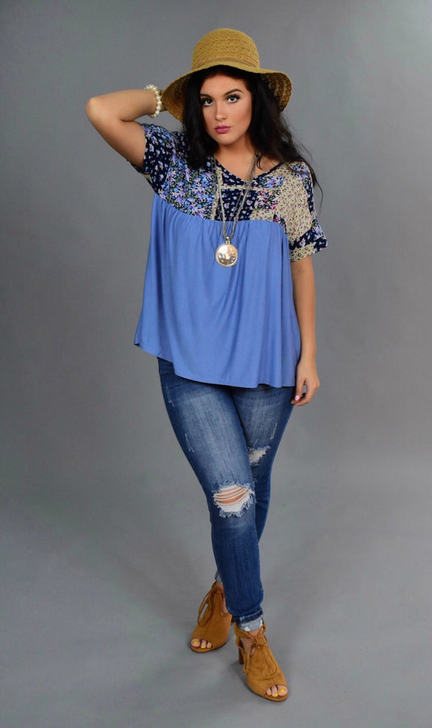 CP-A The Sweetest  Life} Blue Top with Floral Print Contrast