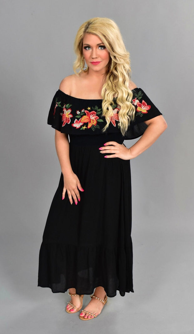 LD-J {Young Love} Black (Lined) Dress with Floral Embroidery