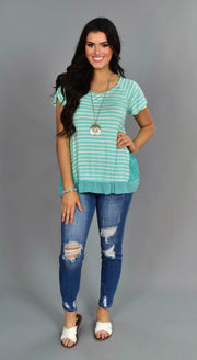 CP-M {Mint To Tell You} Striped Top with Lace Detail Sides