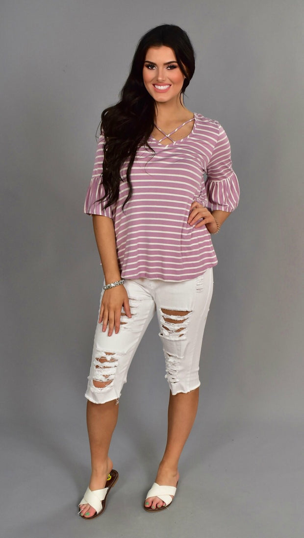 PQ-H {End Of Story} Plum Striped Top with Cage Neck Detail