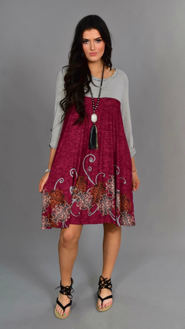 CP-H {Be Authentic} Wine Paisley Contrast Dress