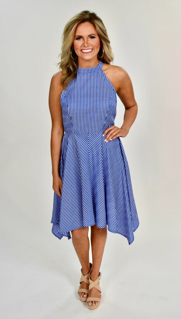SV-K {From The Sidelines} Blue Striped Halter Flare Dress