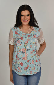 CP-E {Cuddles With You} Mint Floral Top with Lace Sleeves