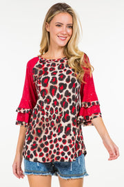 CP-A {You've Got It} Red Leopard Spakle Sleeve Top