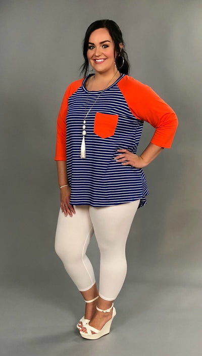 CP-A “Summer Fun" Blue Striped w/ Orange Sleeves & Pocket Tunic