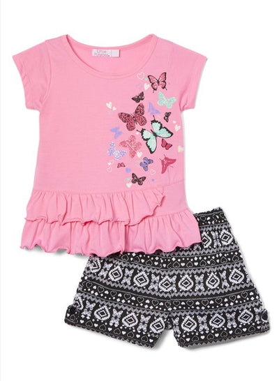 KIDS {Butterfly Garden} Pink Graphic Tee Black Print Shorts Set