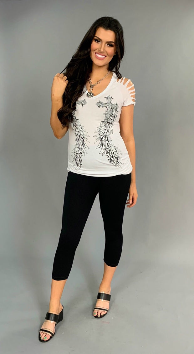 OS-Y {Have Courage} White V-Neck Top with Studded Wings