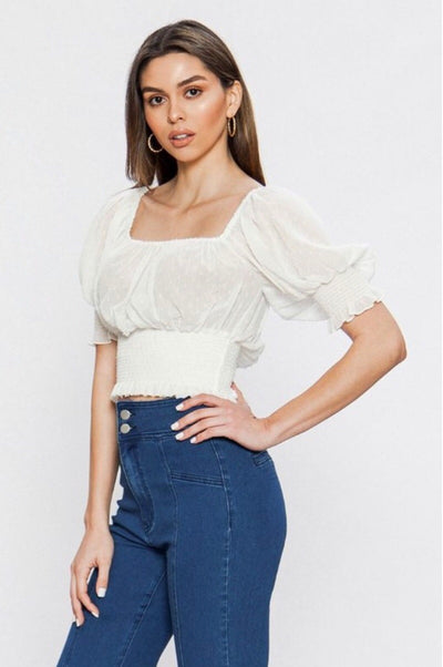 OS-A {Stunning Look} White Textured Fabric Top with Elastic Detail