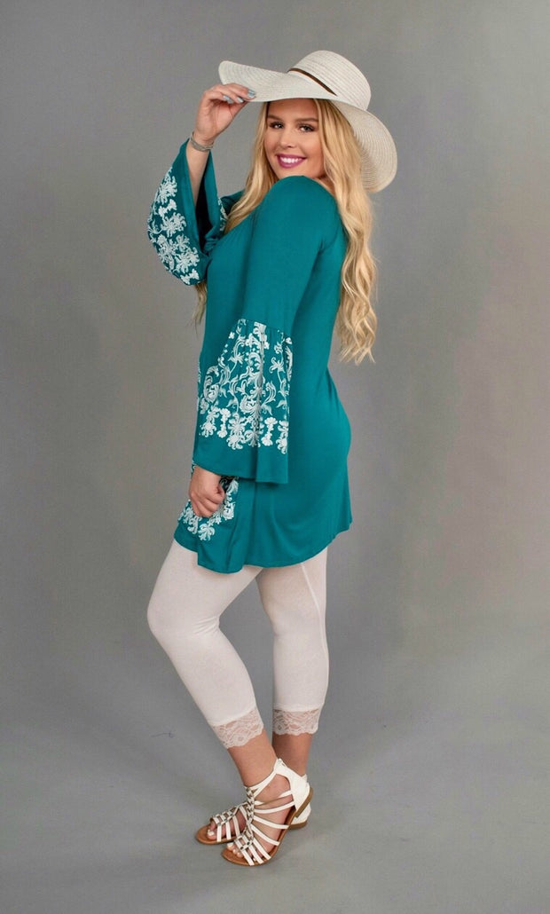 SD-X {Delicate Flower} Teal Tunic with White Design