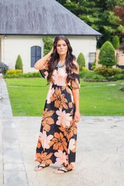 LD-B {Total Knockout} Black Maxi Dress with Neon Coral Flowers