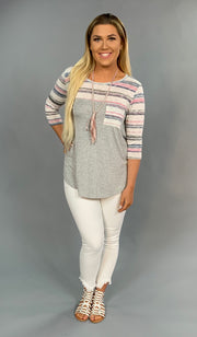 CP-J {Let's Get Lost} Gray Pocket Top with Pink/Navy Contrast
