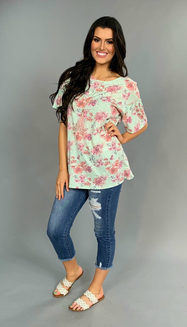 PSS-D {Limited Edition} Soft Mint Floral with Ruffle Sleeves Tunic