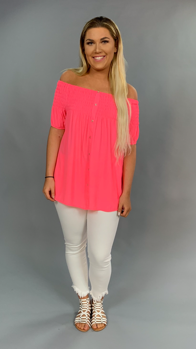 OS-T {Pop Star} Neon Pink Off Shoulder Top with Elastic Detail