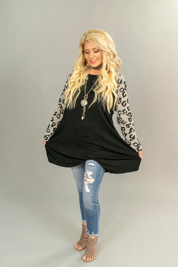 CP-M {Live-Love-Leopard} Black Tunic Leopard Sleeves