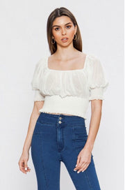 OS-A {Stunning Look} White Textured Fabric Top with Elastic Detail