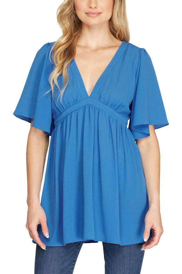 SSS-X {Looking At You} Diva Blue Babydoll V-Neck Top