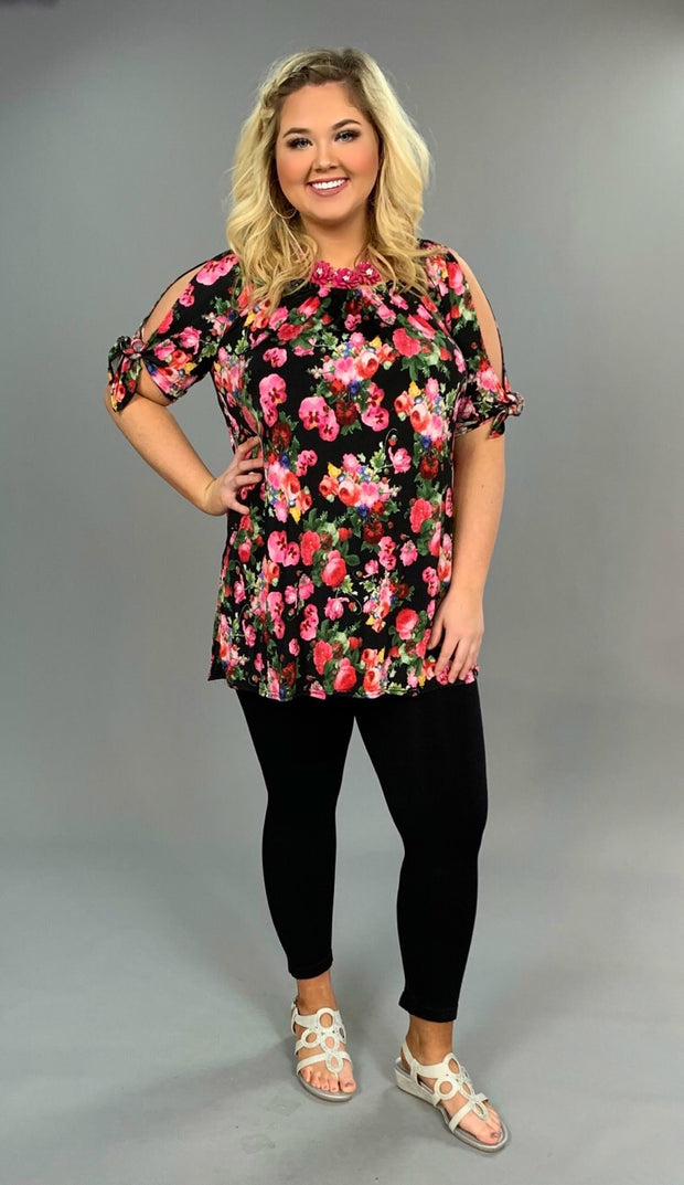 OCS-A {Really Like It} Black/Floral Top with Tie Sleeves