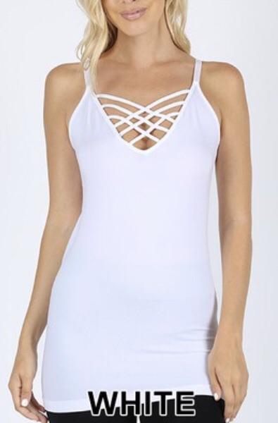 Tank {Cross My Mind} White Tank Top W/ Caged Neck Detail