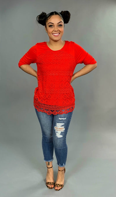 SQ-M {Perfect For You} Red Top with Crochet Lace Overlay