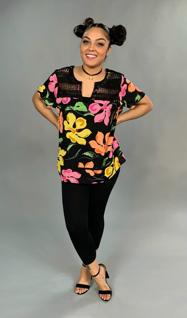PSS-S {Tropical Tide} Black Floral Top with Crochet Detail
