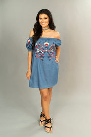 OS- N {Get This Right} Denim Dress with Embroidery